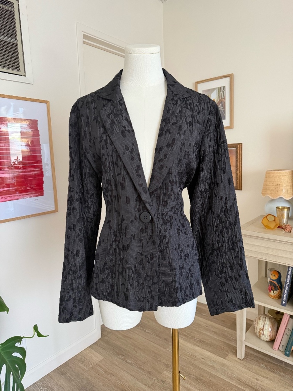 Eileen Fisher Black Textured Chenille Silk Blazer Single Button Size Medium